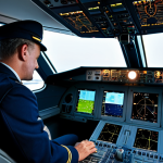 A professional airline pilot, fully clothed in a modest, dark blue uniform, is seated in the cockpit of a modern commercial airliner. The pilot is looking intently at the glowing Primary Flight Display (PFD) and Multi-Function Display (MFD) screens, with hands poised near the controls. The cockpit is illuminated by the soft glow of advanced digital displays showing flight data, navigation routes, and weather information. The scene emphasizes focus and technological sophistication. High-resolution, professional photography, perfect anatomy, correct proportions, natural pose, well-formed hands, proper finger count, natural body proportions, appropriate content, safe for work, professional.