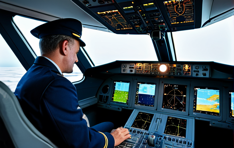 A professional airline pilot, fully clothed in a modest, dark blue uniform, is seated in the cockpit of a modern commercial airliner. The pilot is looking intently at the glowing Primary Flight Display (PFD) and Multi-Function Display (MFD) screens, with hands poised near the controls. The cockpit is illuminated by the soft glow of advanced digital displays showing flight data, navigation routes, and weather information. The scene emphasizes focus and technological sophistication. High-resolution, professional photography, perfect anatomy, correct proportions, natural pose, well-formed hands, proper finger count, natural body proportions, appropriate content, safe for work, professional.