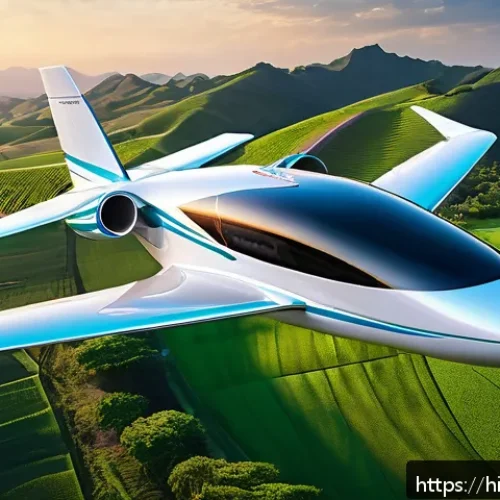 Home 12 친환경 항공기 및 전기 추진 시스템 - A futuristic electric airplane flying over a lush green landscape during sunset, showcasing sleek, a...