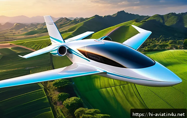 친환경 항공기 및 전기 추진 시스템 - A futuristic electric airplane flying over a lush green landscape during sunset, showcasing sleek, a...